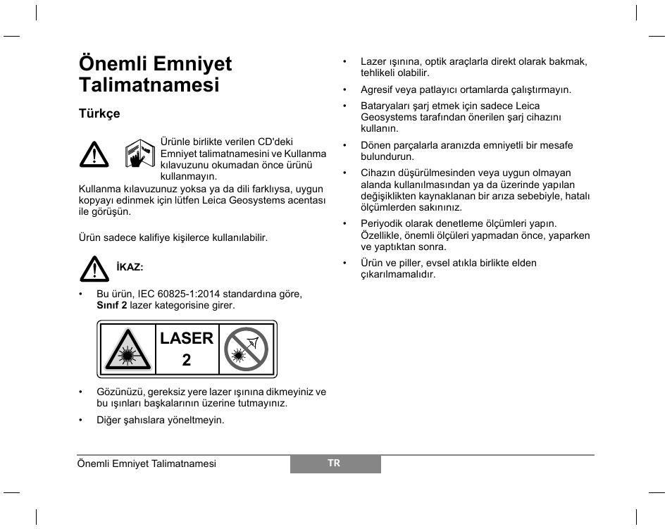 Önemli emniyet talimatnamesi, Laser | Leica Geosystems Laser class 2 products - Safety Manual User Manual | Page 28 / 32