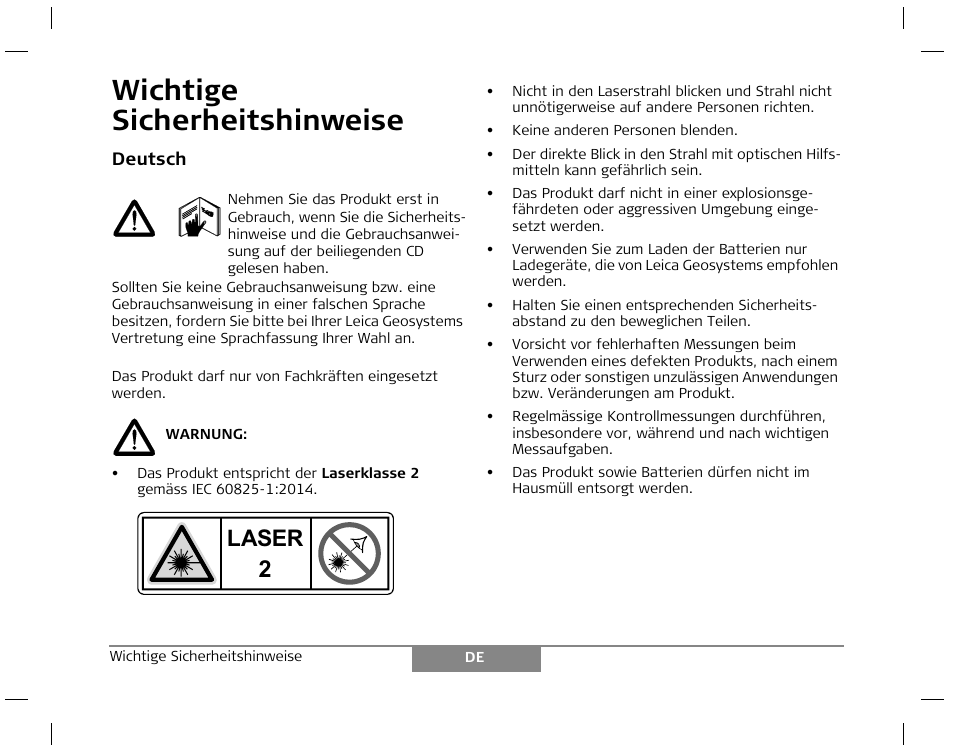 Wichtige sicherheitshinweise, Laser | Leica Geosystems Laser class 2 products - Safety Manual User Manual | Page 3 / 32