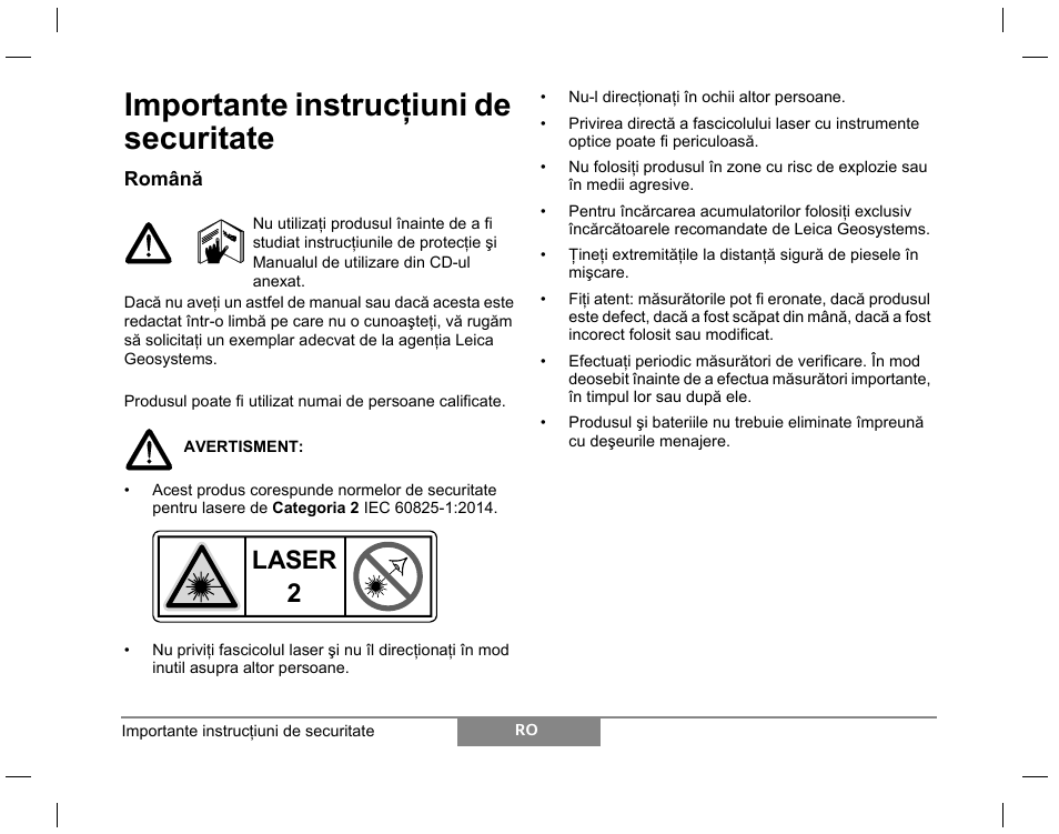 Importante instrucţiuni de securitate, Laser | Leica Geosystems Laser class 2 products - Safety Manual User Manual | Page 30 / 32