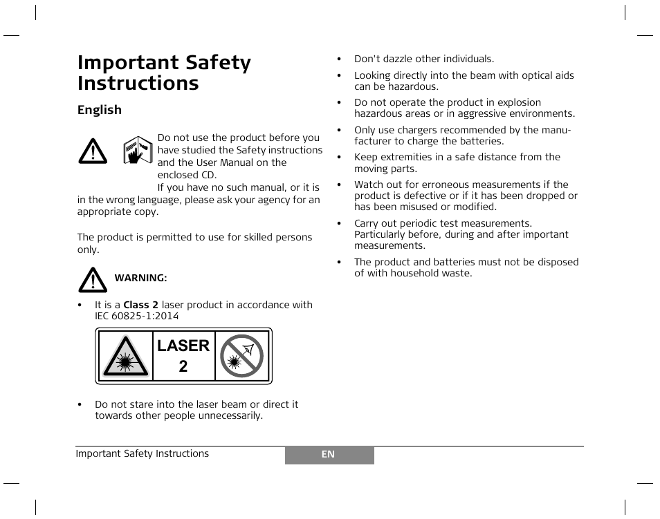 Important safety instructions, Laser | Leica Geosystems Laser class 2 products - Safety Manual User Manual | Page 4 / 32