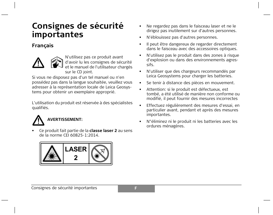 Consignes de sécurité importantes, Laser | Leica Geosystems Laser class 2 products - Safety Manual User Manual | Page 5 / 32