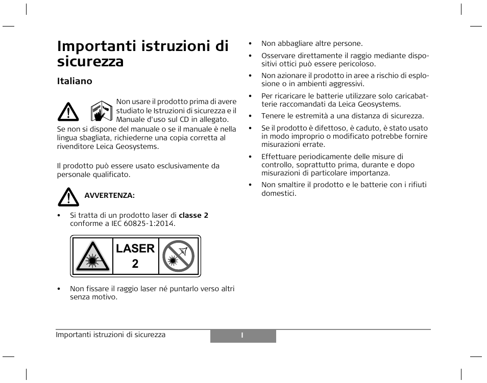 Importanti istruzioni di sicurezza, Laser | Leica Geosystems Laser class 2 products - Safety Manual User Manual | Page 6 / 32