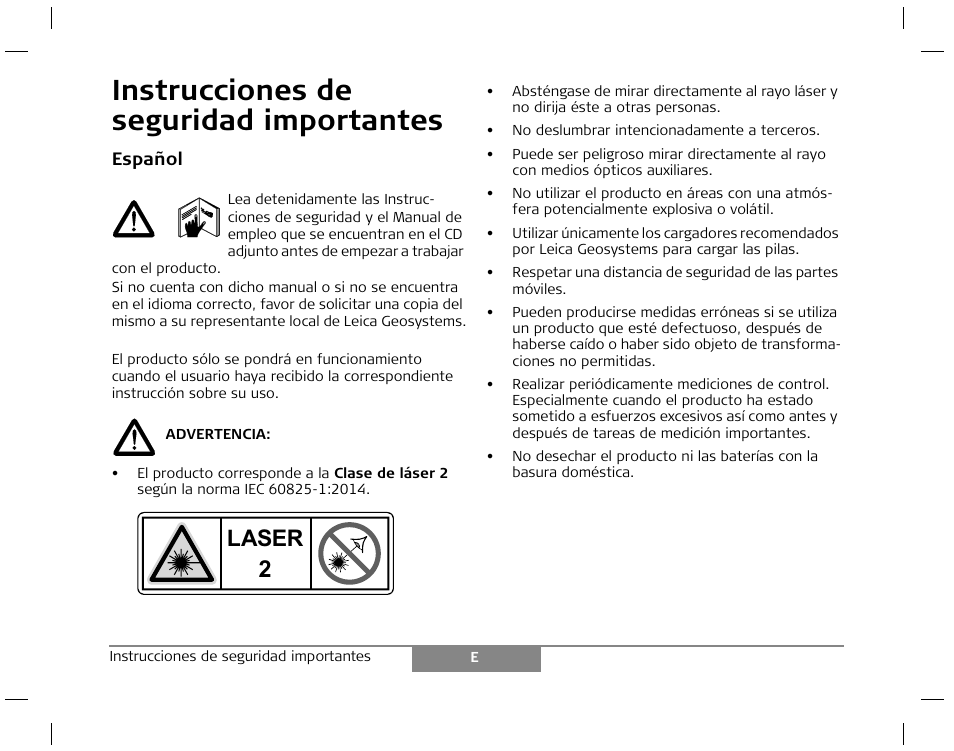 Instrucciones de seguridad importantes, Laser | Leica Geosystems Laser class 2 products - Safety Manual User Manual | Page 7 / 32