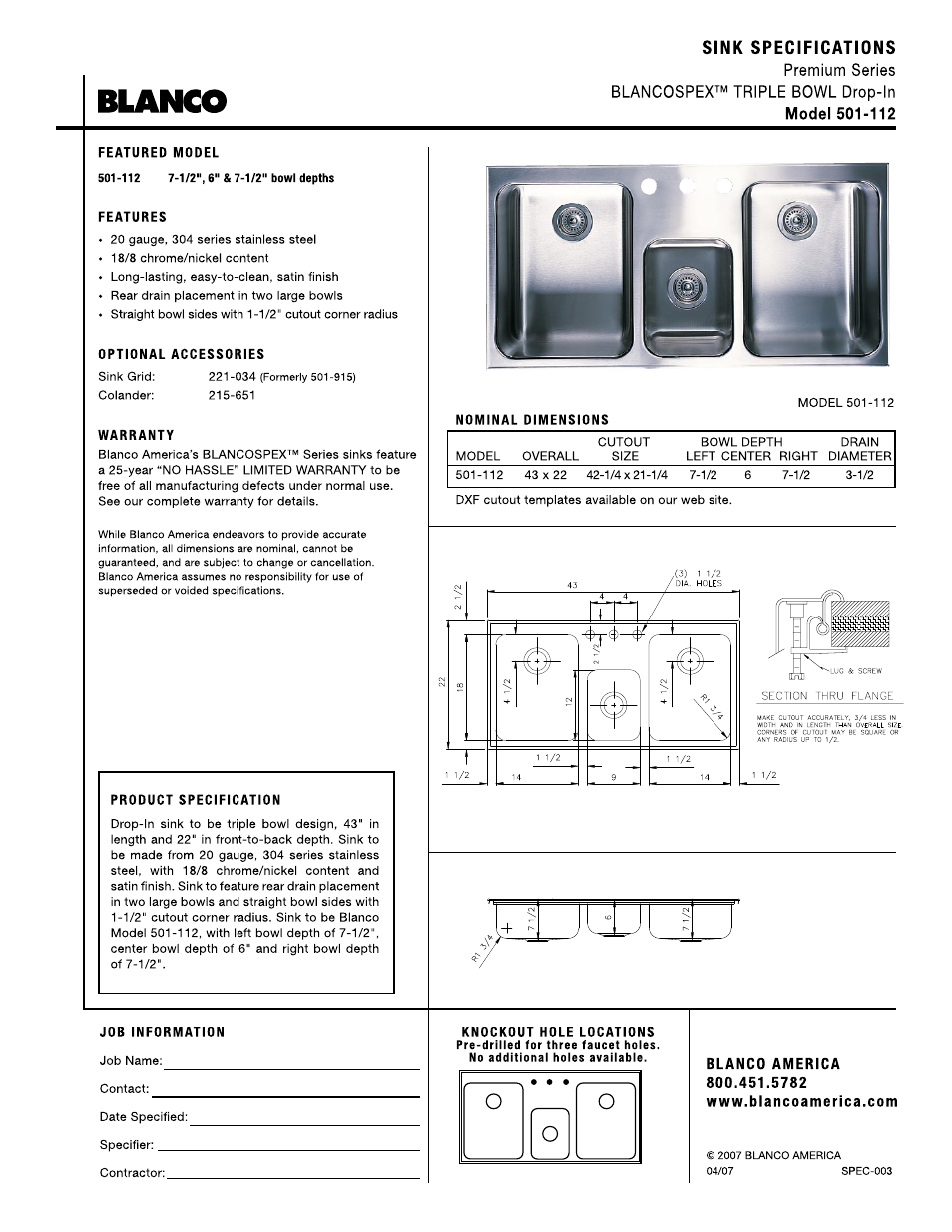 Blanco Spex 501-112 User Manual | 1 page