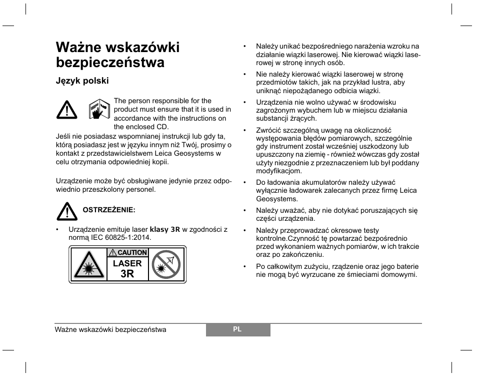 Ważne wskazówki bezpieczeństwa | Leica Geosystems Laser class 3R products - Safety Manual User Manual | Page 17 / 32