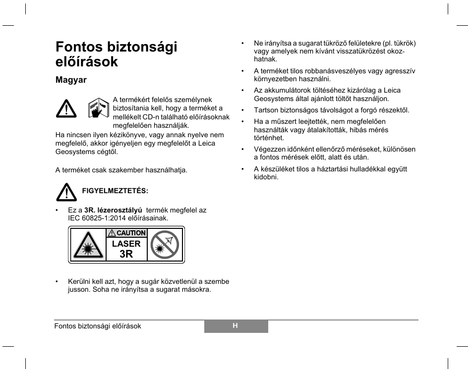 Fontos biztonsági előírások | Leica Geosystems Laser class 3R products - Safety Manual User Manual | Page 19 / 32