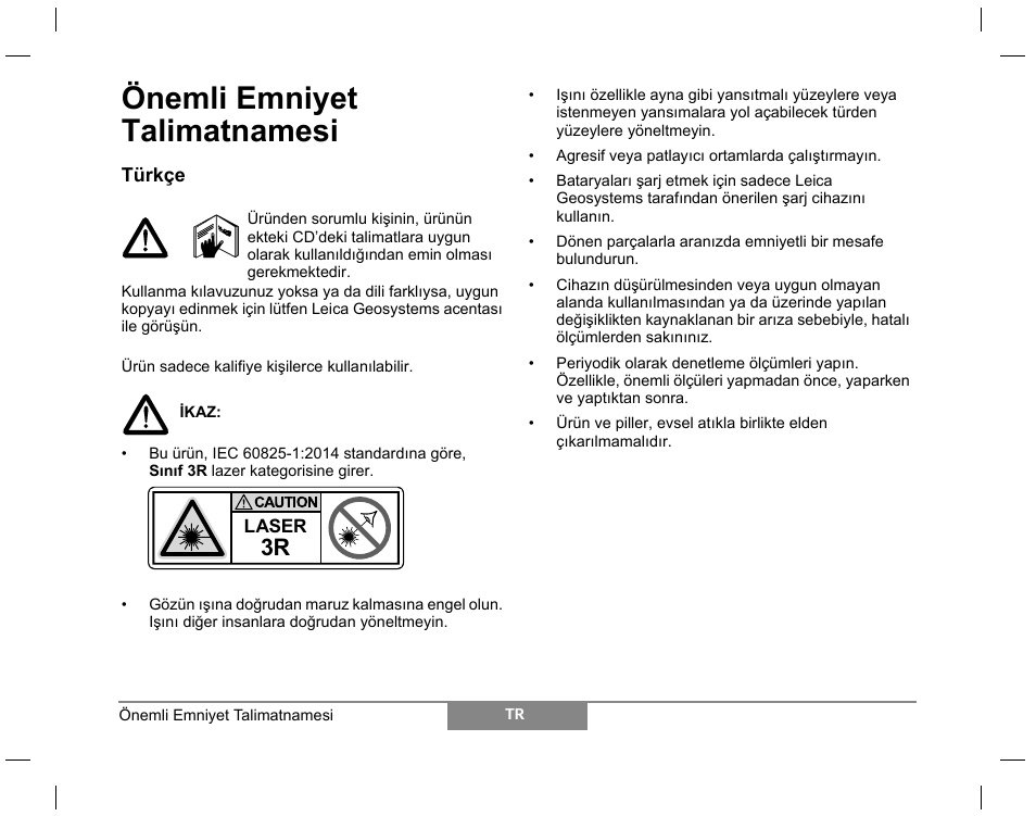 Önemli emniyet talimatnamesi | Leica Geosystems Laser class 3R products - Safety Manual User Manual | Page 28 / 32