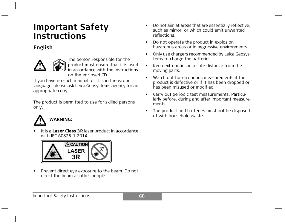 Important safety instructions | Leica Geosystems Laser class 3R products - Safety Manual User Manual | Page 4 / 32