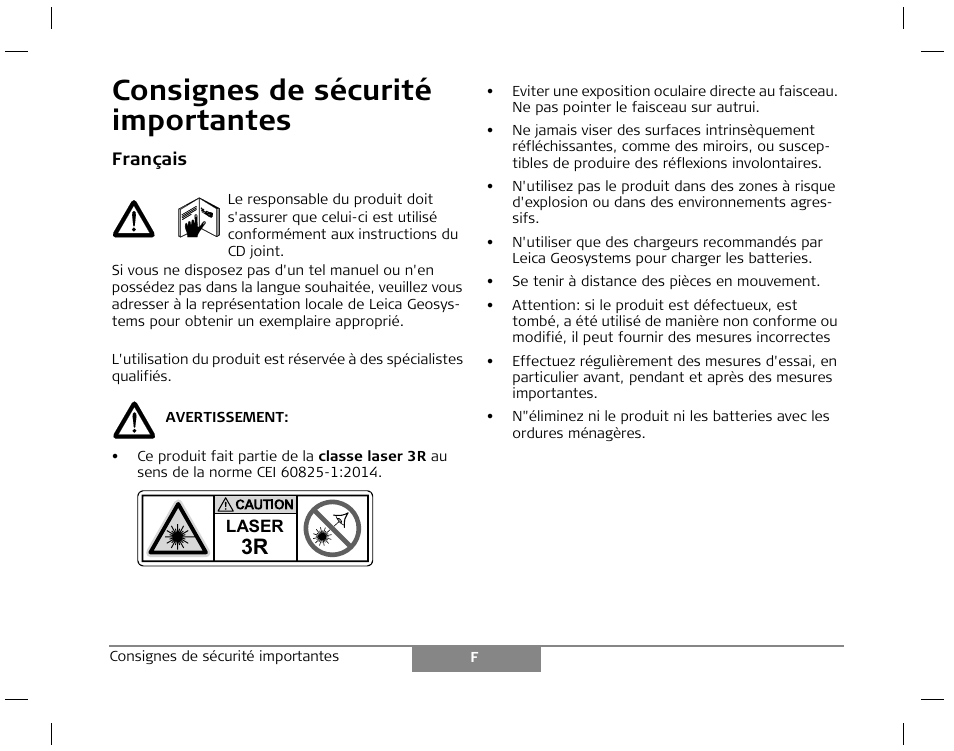 Consignes de sécurité importantes | Leica Geosystems Laser class 3R products - Safety Manual User Manual | Page 5 / 32