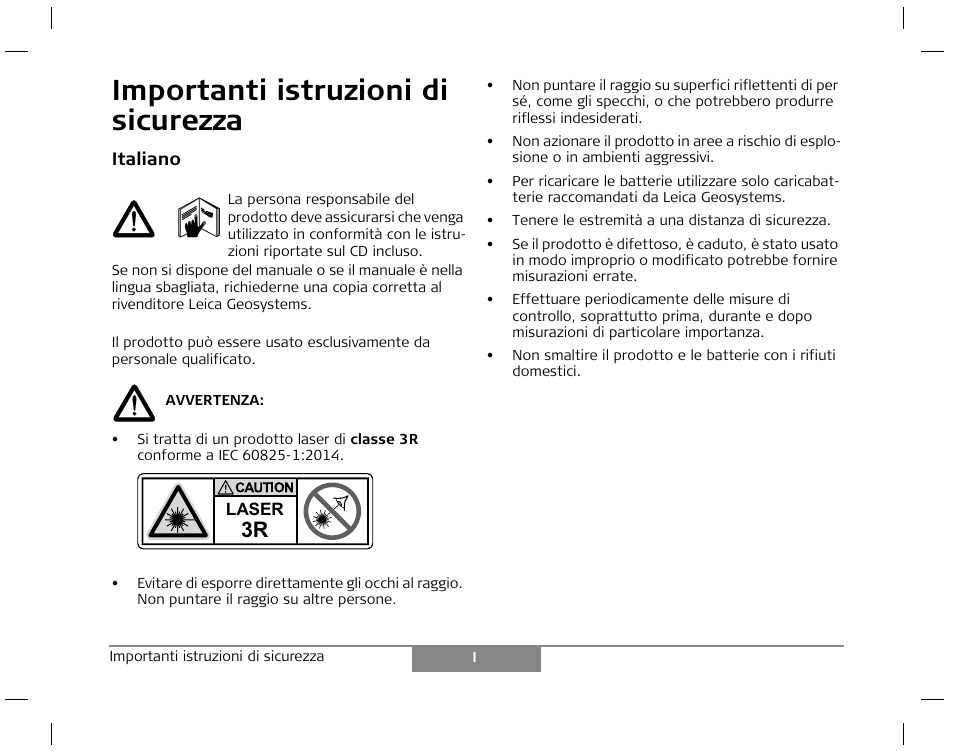 Importanti istruzioni di sicurezza | Leica Geosystems Laser class 3R products - Safety Manual User Manual | Page 6 / 32