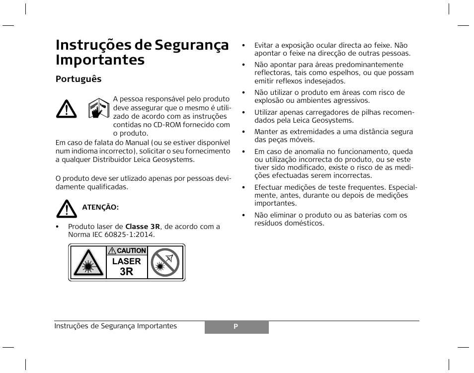Instruções de segurança importantes | Leica Geosystems Laser class 3R products - Safety Manual User Manual | Page 8 / 32
