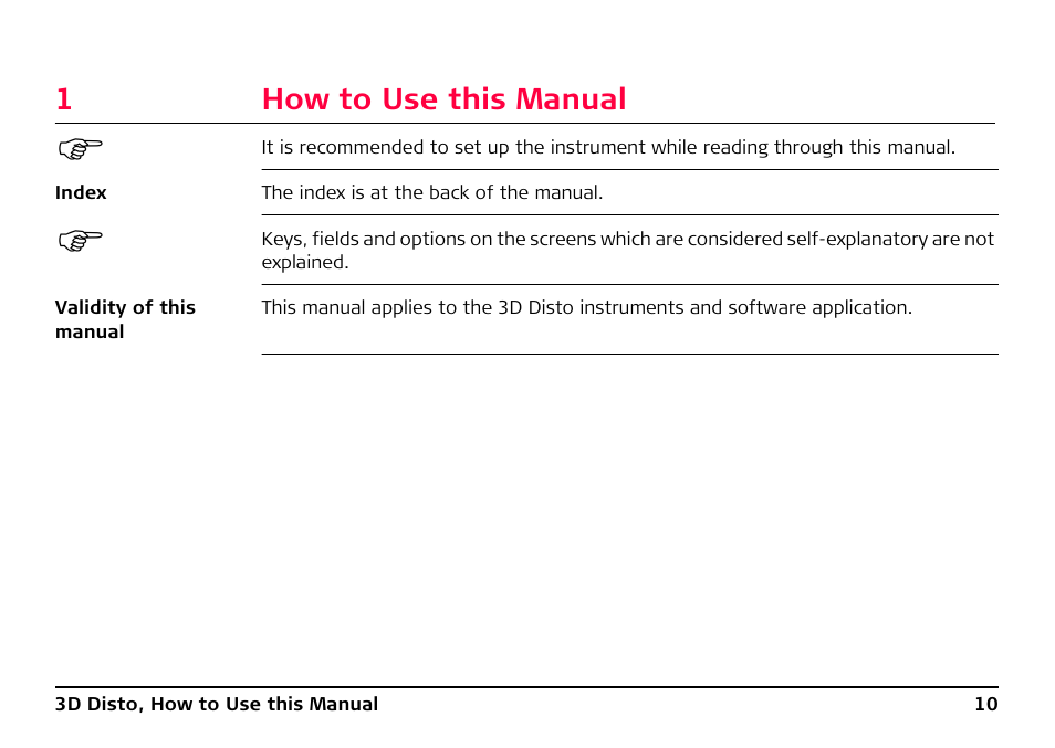 1 how to use this manual, How to use this manual | Leica Geosystems Leica 3D Disto - Manual User Manual | Page 10 / 219