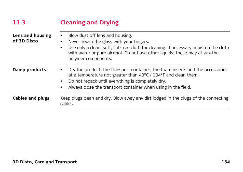 3 cleaning and drying, Cleaning and drying | Leica Geosystems Leica 3D Disto - Manual User Manual | Page 184 / 219