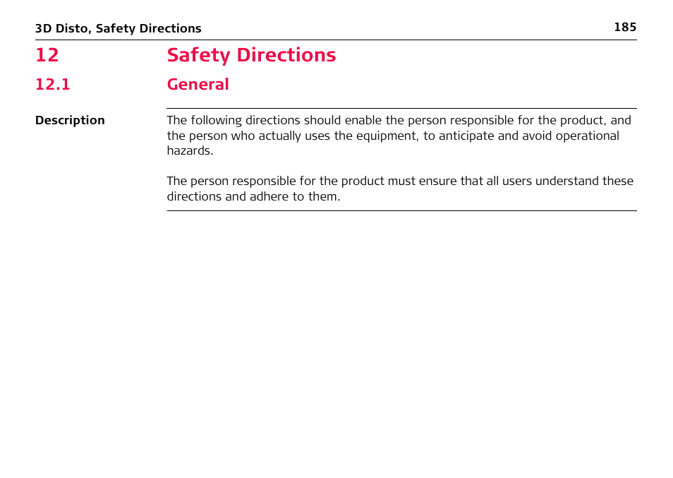 12 safety directions, 1 general, General | Leica Geosystems Leica 3D Disto - Manual User Manual | Page 185 / 219