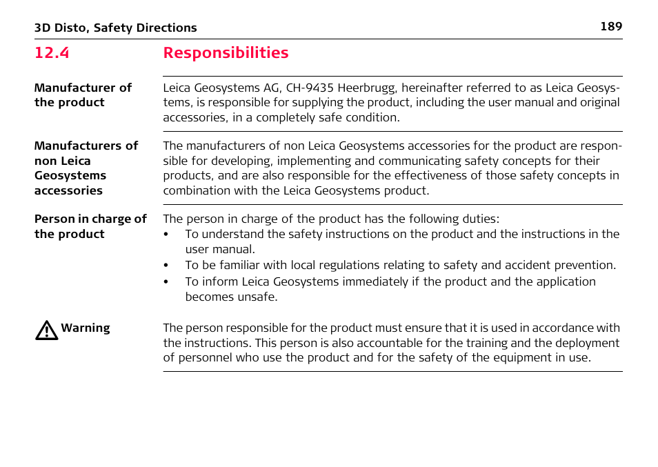 4 responsibilities, Responsibilities | Leica Geosystems Leica 3D Disto - Manual User Manual | Page 189 / 219