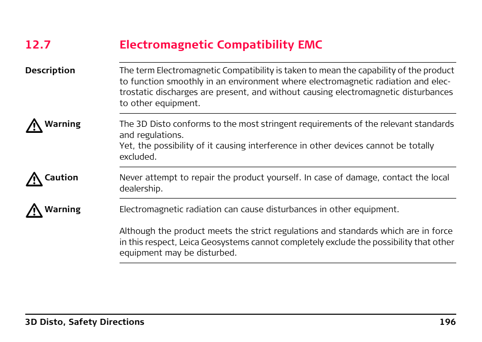 7 electromagnetic compatibility emc, Electromagnetic compatibility emc | Leica Geosystems Leica 3D Disto - Manual User Manual | Page 196 / 219