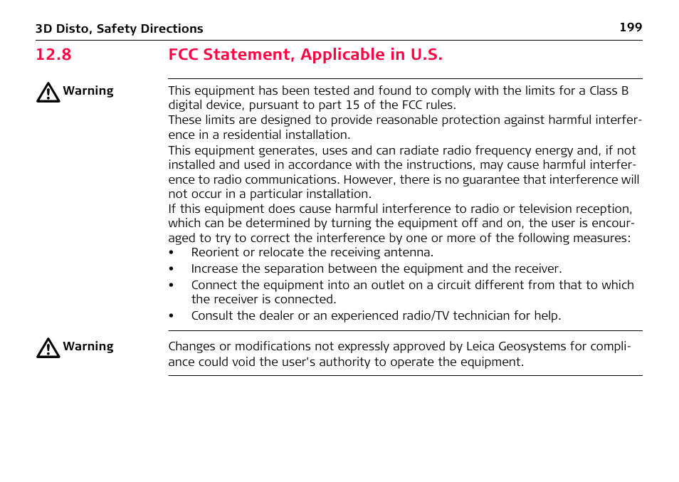 8 fcc statement, applicable in u.s, Fcc statement, applicable in u.s | Leica Geosystems Leica 3D Disto - Manual User Manual | Page 199 / 219