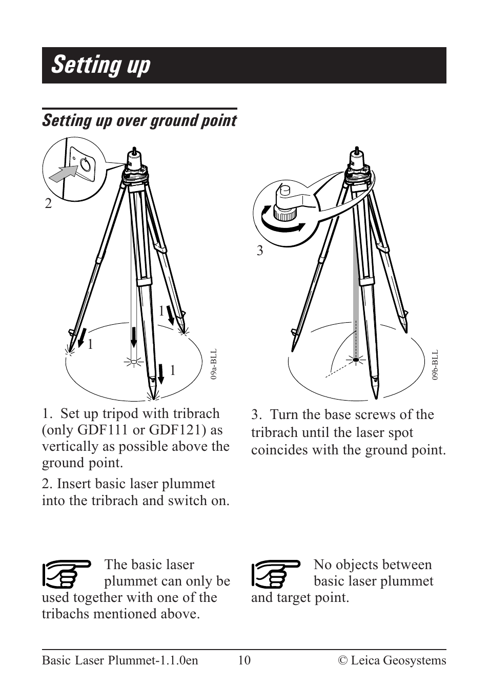 Setting up, Setting up over ground point | Leica Geosystems Basic Laser Plummet User Manual | Page 10 / 32