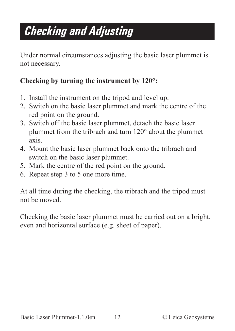 Checking and adjusting | Leica Geosystems Basic Laser Plummet User Manual | Page 12 / 32