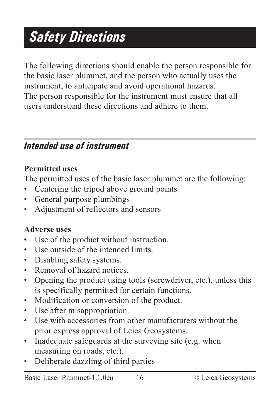 Safety directions, Intended use of instrument | Leica Geosystems Basic Laser Plummet User Manual | Page 16 / 32