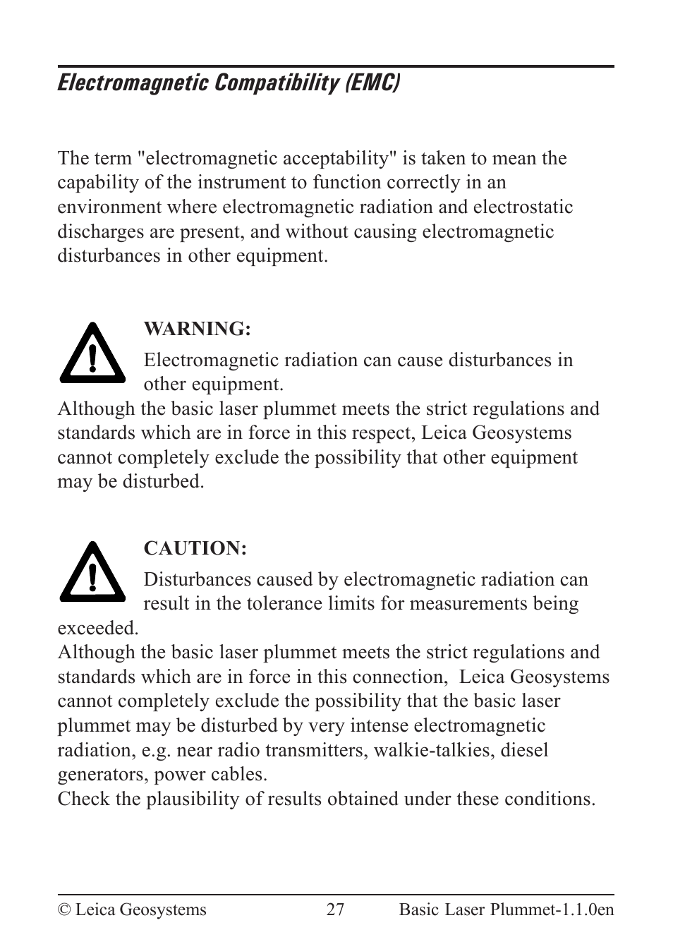 Electromagnetic compatibility (emc) | Leica Geosystems Basic Laser Plummet User Manual | Page 27 / 32