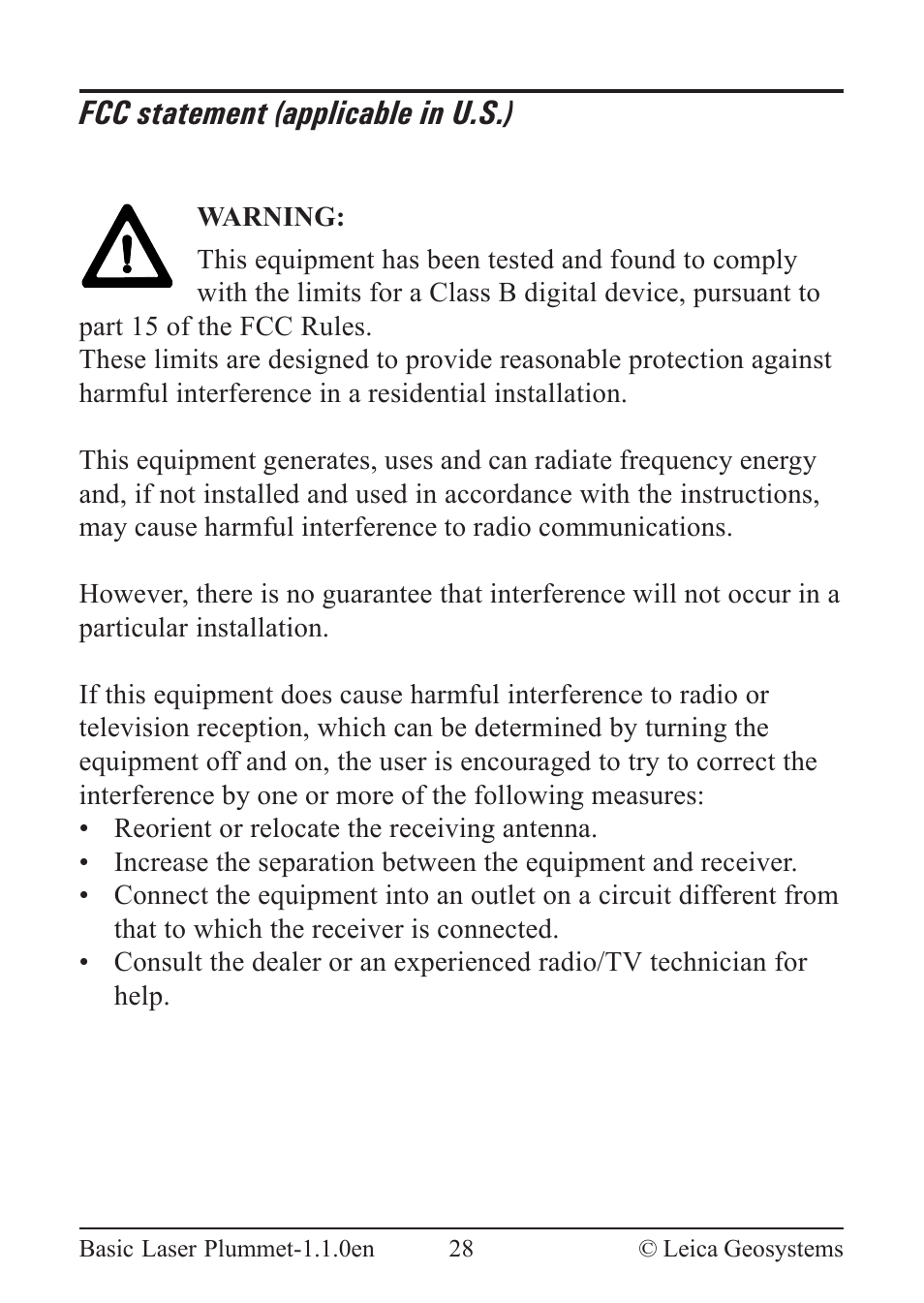 Fcc statement (applicable in u.s.) | Leica Geosystems Basic Laser Plummet User Manual | Page 28 / 32