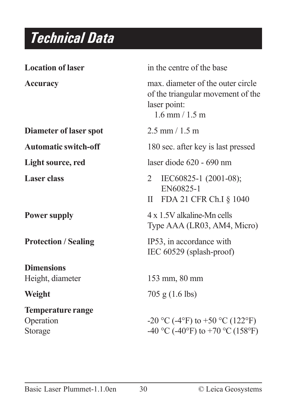 Technical data | Leica Geosystems Basic Laser Plummet User Manual | Page 30 / 32
