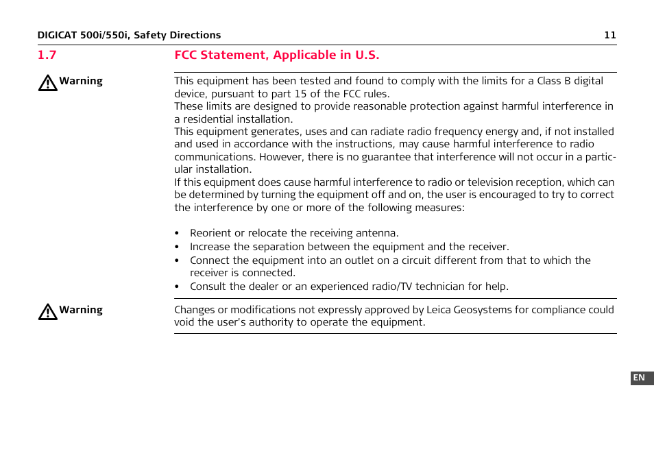7 fcc statement, applicable in u.s | Leica Geosystems DIGICAT 500i/550i Safety Guide User Manual | Page 12 / 186
