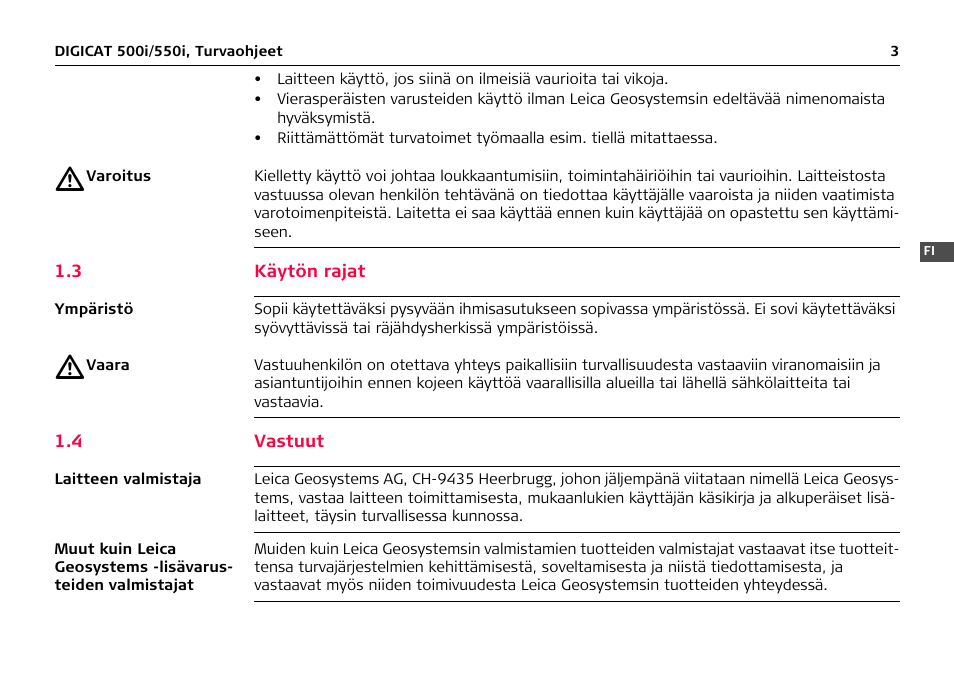 3 käytön rajat, 4 vastuut | Leica Geosystems DIGICAT 500i/550i Safety Guide User Manual | Page 174 / 186