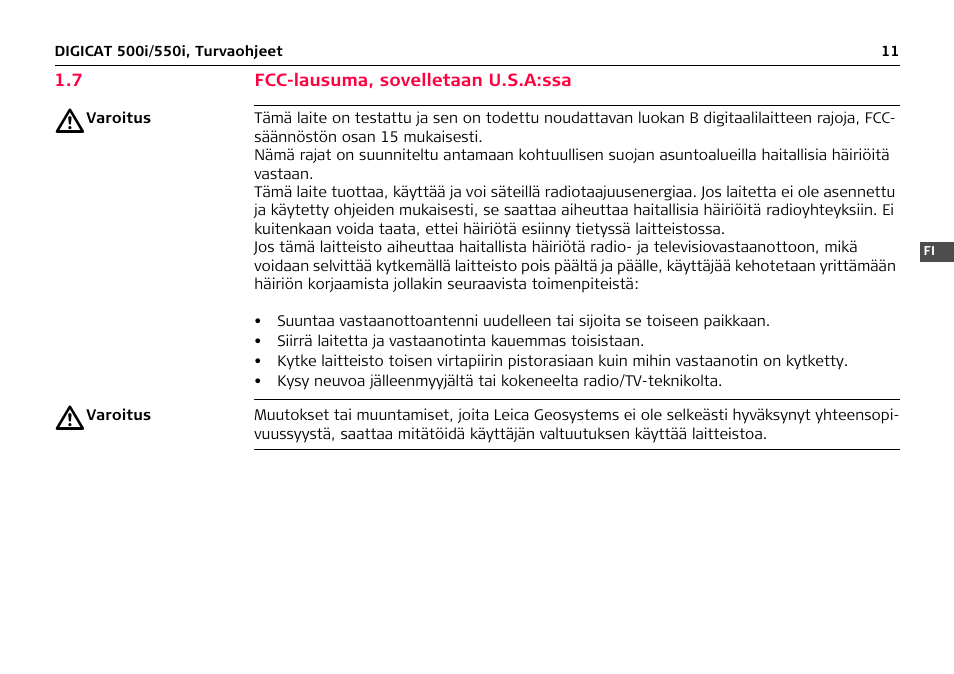 7 fcc-lausuma, sovelletaan u.s.a:ssa | Leica Geosystems DIGICAT 500i/550i Safety Guide User Manual | Page 182 / 186