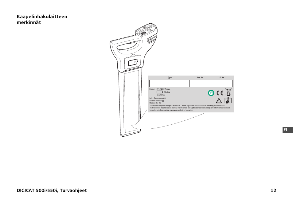 Kaapelinhakulaitteen merkinnät | Leica Geosystems DIGICAT 500i/550i Safety Guide User Manual | Page 183 / 186