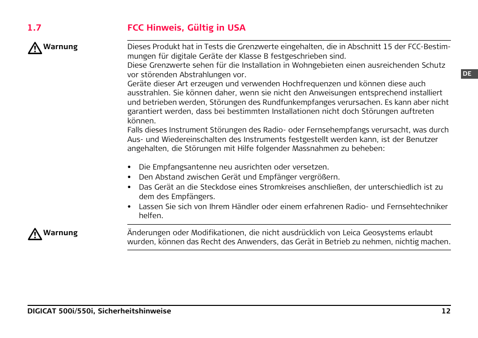 7 fcc hinweis, gültig in usa | Leica Geosystems DIGICAT 500i/550i Safety Guide User Manual | Page 27 / 186