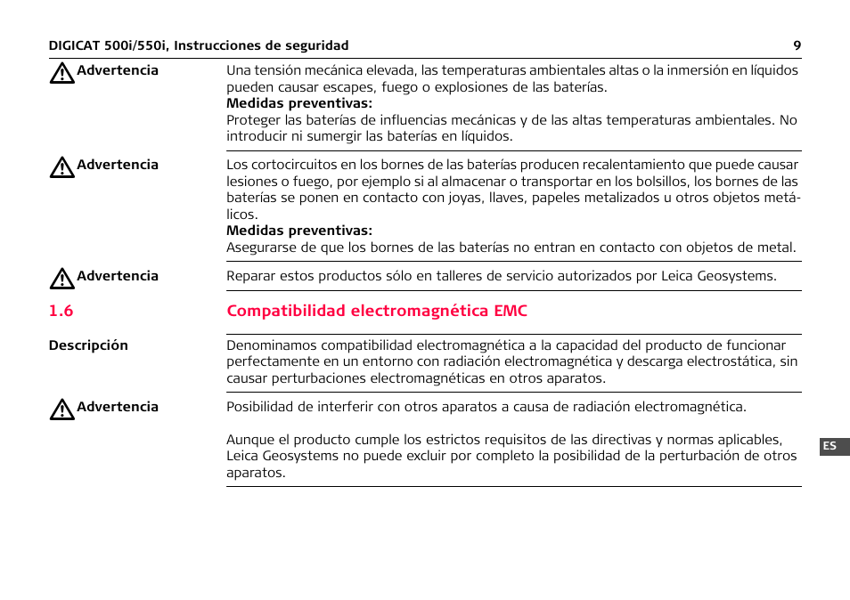 6 compatibilidad electromagnética emc | Leica Geosystems DIGICAT 500i/550i Safety Guide User Manual | Page 38 / 186