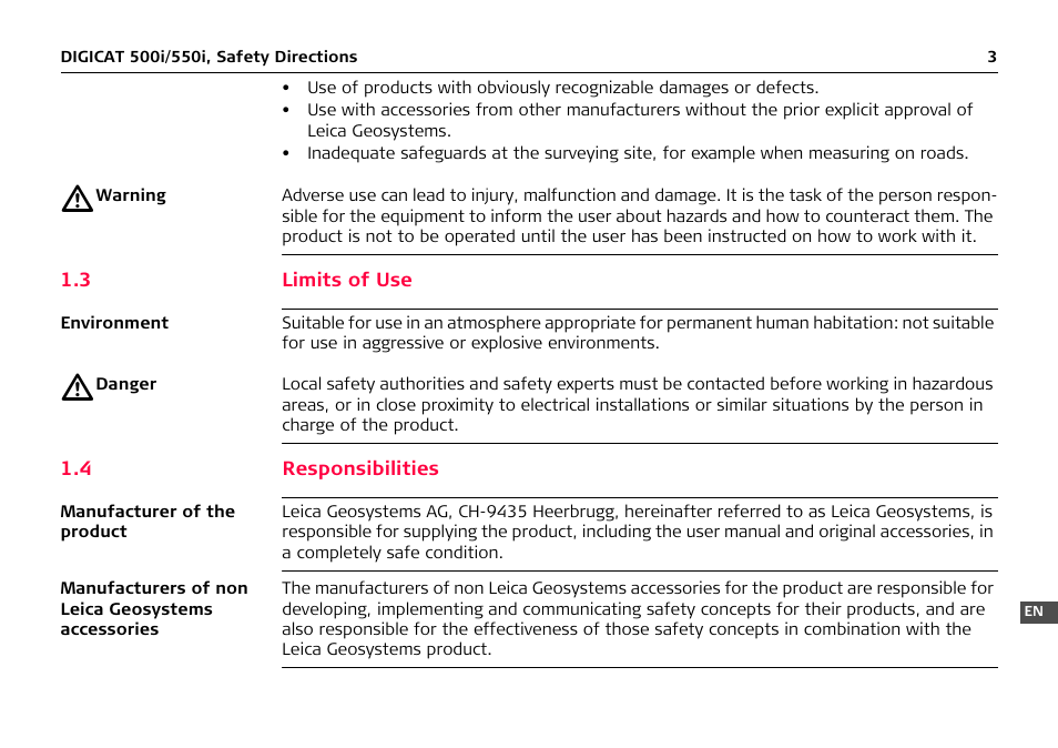 3 limits of use, 4 responsibilities | Leica Geosystems DIGICAT 500i/550i Safety Guide User Manual | Page 4 / 186