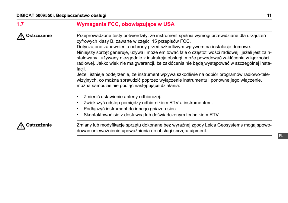 7 wymagania fcc, obowiązujące w usa | Leica Geosystems DIGICAT 500i/550i Safety Guide User Manual | Page 68 / 186