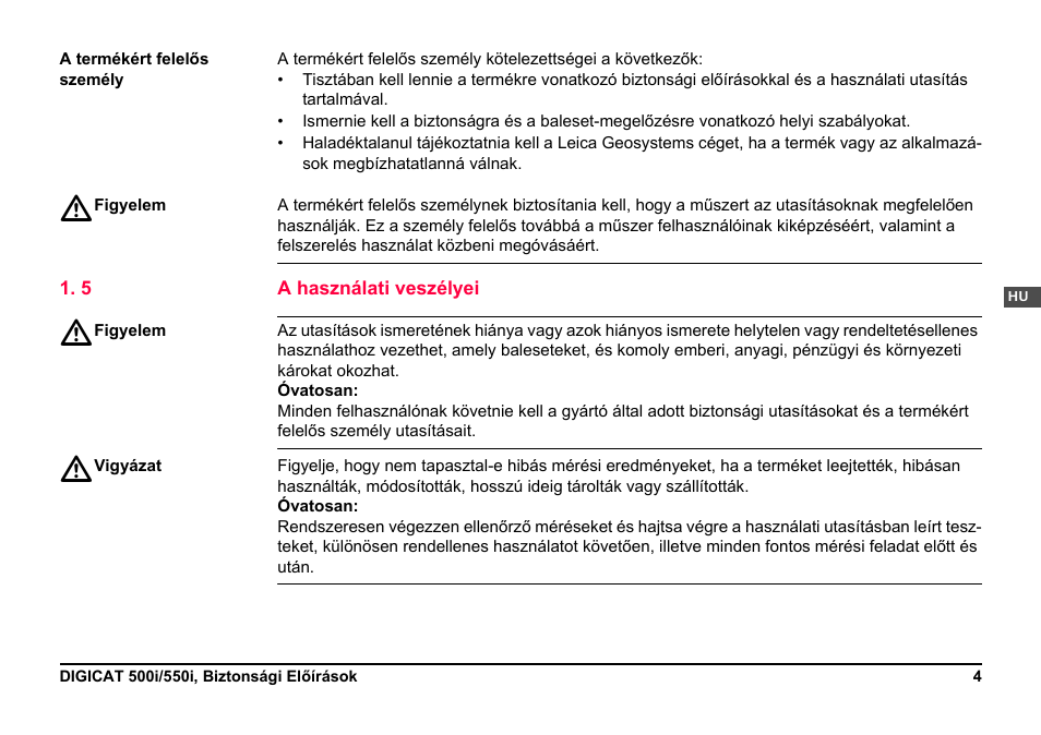 5 a használati veszélyei | Leica Geosystems DIGICAT 500i/550i Safety Guide User Manual | Page 91 / 186