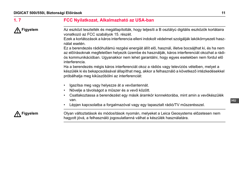 7 fcc nyilatkozat, alkalmazható az usa-ban | Leica Geosystems DIGICAT 500i/550i Safety Guide User Manual | Page 98 / 186