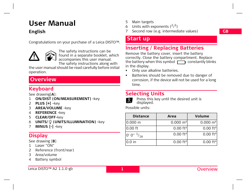 User manual, Overview, Start up | Keyboard, Display, Inserting / replacing batteries, Selecting units | Leica Geosystems Leica DISTO A2 User Manual | Page 4 / 10