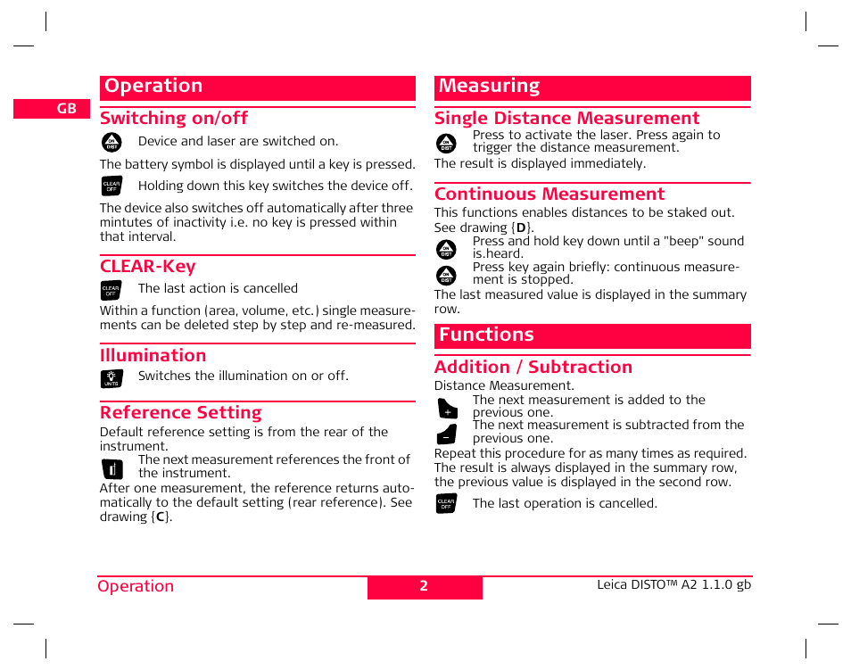 Operation, Measuring, Functions | Leica Geosystems Leica DISTO A2 User Manual | Page 5 / 10
