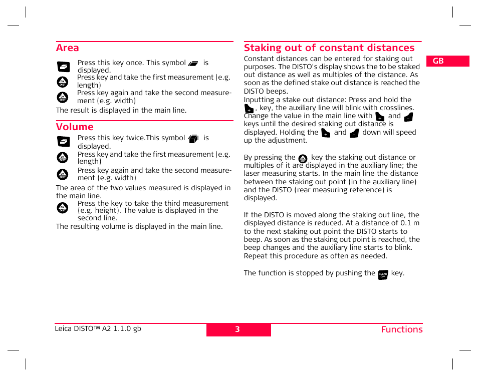 Area, Volume, Staking out of constant distances | Leica Geosystems Leica DISTO A2 User Manual | Page 6 / 10