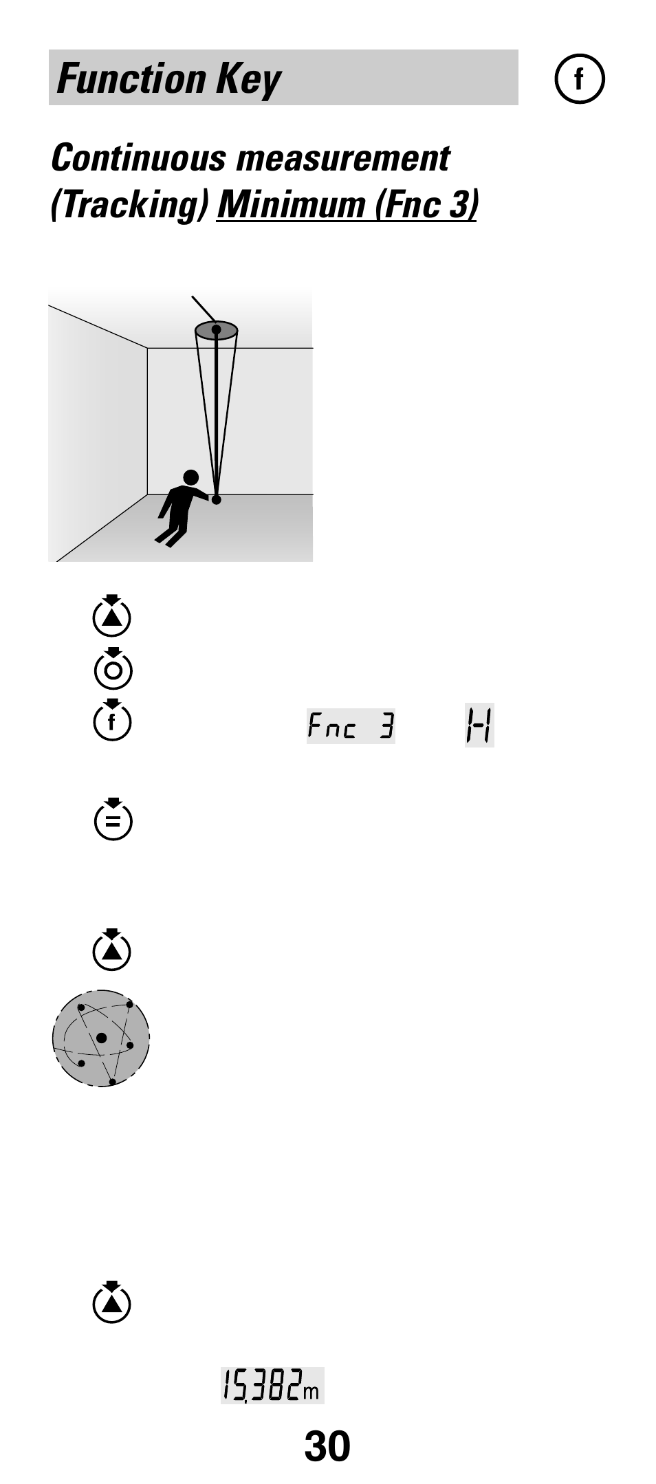 Continuous measurement (tracking) minimum (fnc 3), Function key | Leica Geosystems Leica DISTO Classic3 User Manual | Page 30 / 64