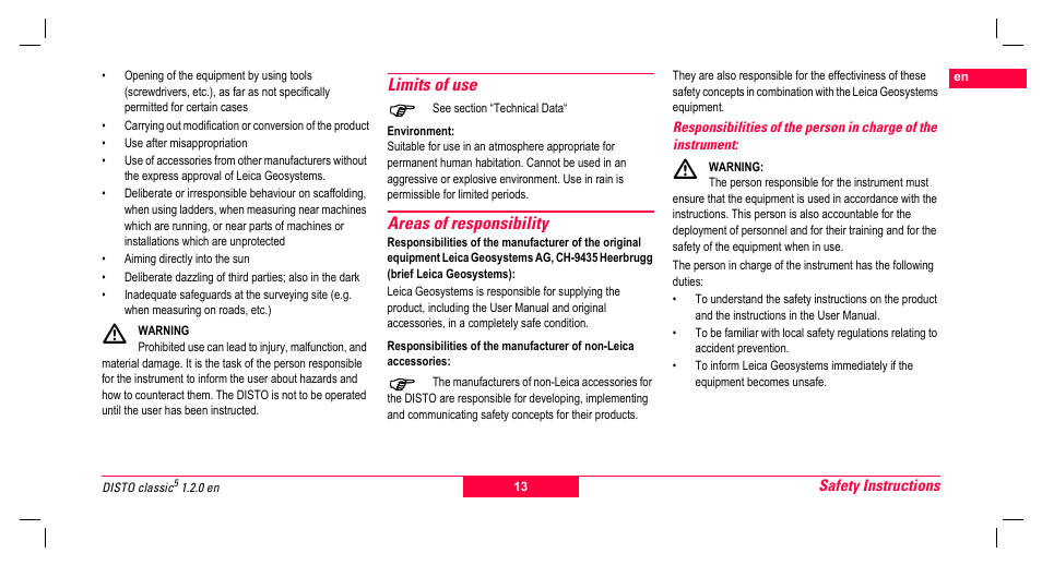 Limits of use, Environment, Areas of responsibility | Leica Geosystems Leica DISTO Classic5 User Manual | Page 13 / 18