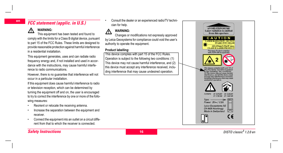 Fcc statement (applic. in u.s.), Product labelling | Leica Geosystems Leica DISTO Classic5 User Manual | Page 16 / 18