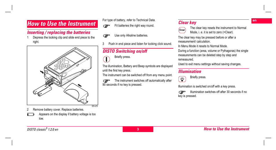 How to use the instrument, Inserting / replacing the batteries, Disto switching on/off | Clear key, Illumination | Leica Geosystems Leica DISTO Classic5 User Manual | Page 3 / 18