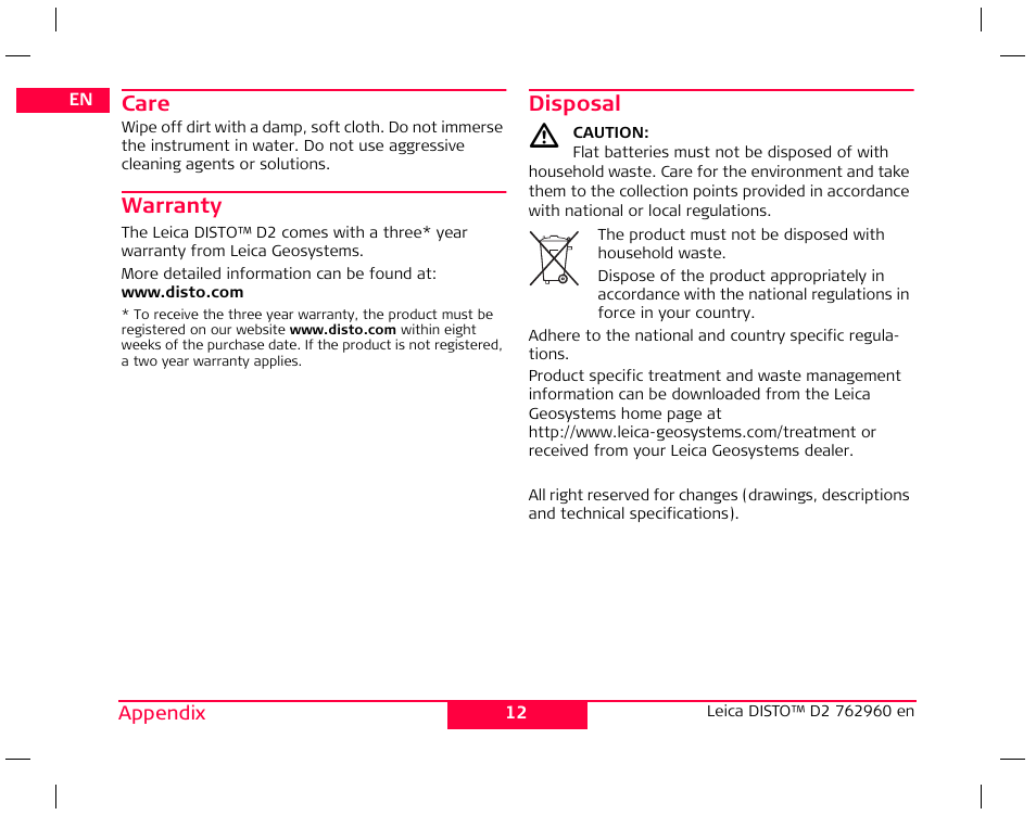 Leica Geosystems Leica DISTO D2 User Manual | Page 15 / 16