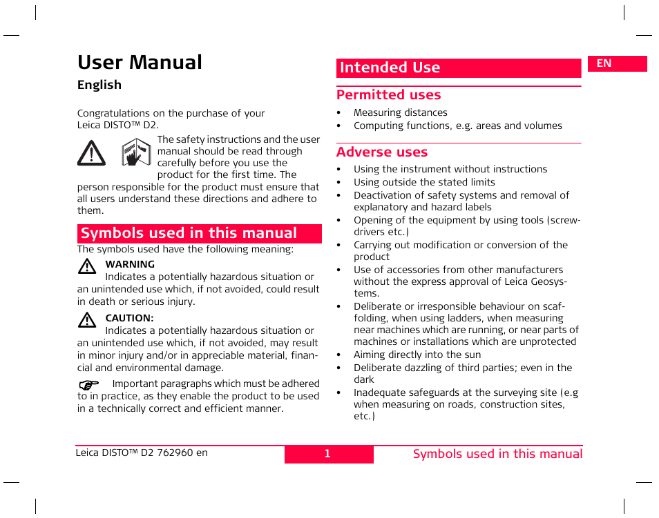 User manual, Symbols used in this manual, Intended use | Leica Geosystems Leica DISTO D2 User Manual | Page 4 / 16