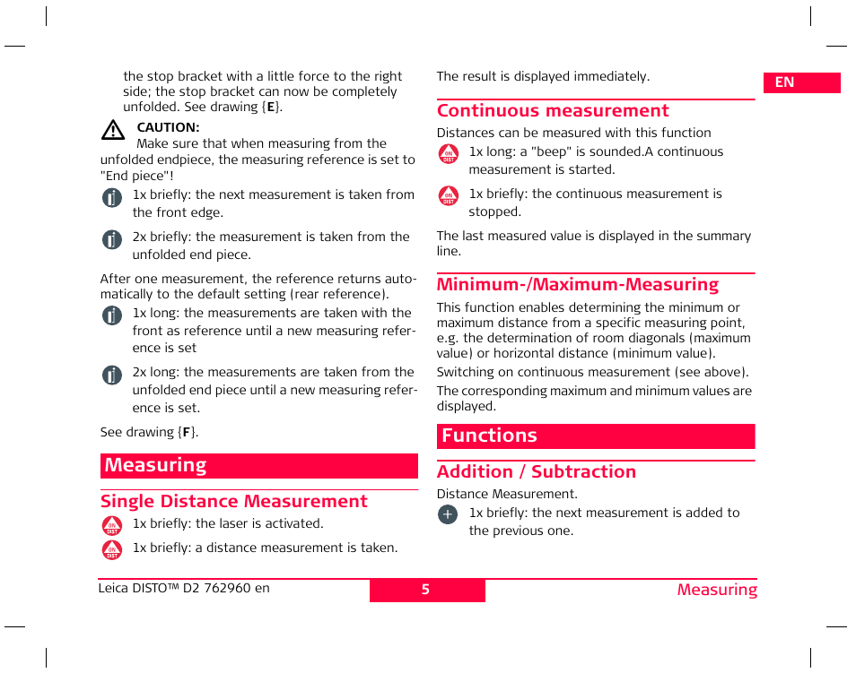 Measuring, Functions | Leica Geosystems Leica DISTO D2 User Manual | Page 8 / 16