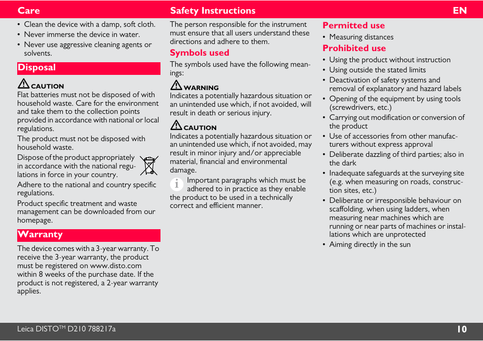 Care, Disposal, Warranty | Safety instructions, Symbols used, Permitted use, Prohibited use | Leica Geosystems Leica DISTO D210 - Manual User Manual | Page 11 / 14