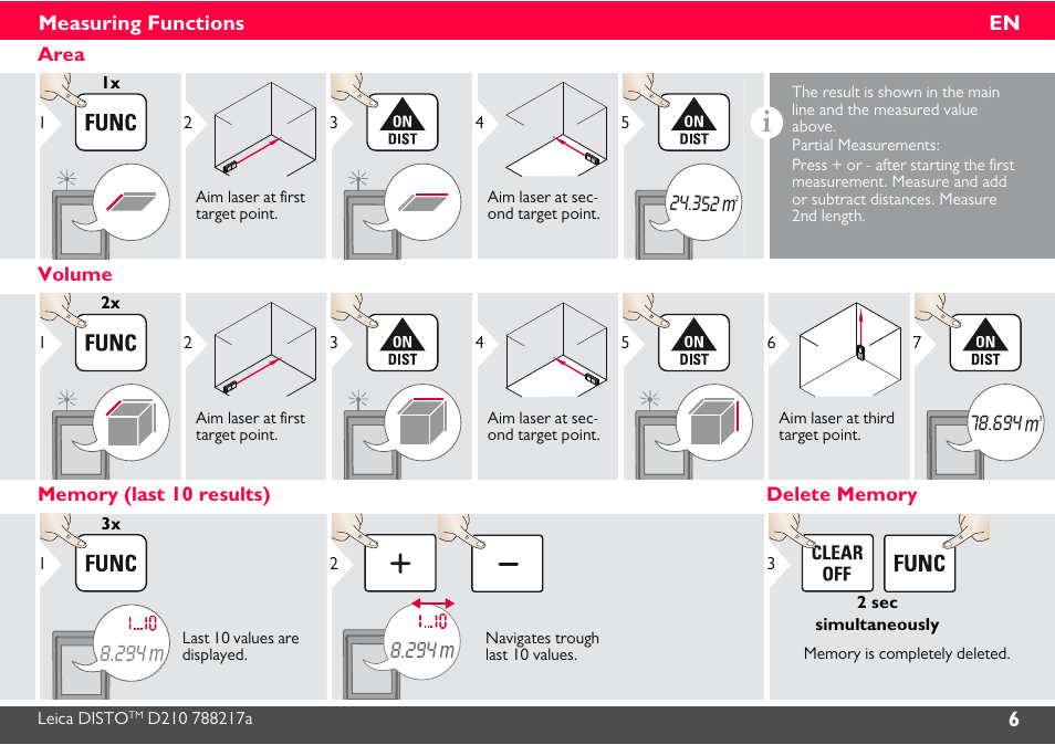 Area, Volume, Memory (last 10 results) | Delete memory, 294 m, 352 m | Leica Geosystems Leica DISTO D210 - Manual User Manual | Page 7 / 14