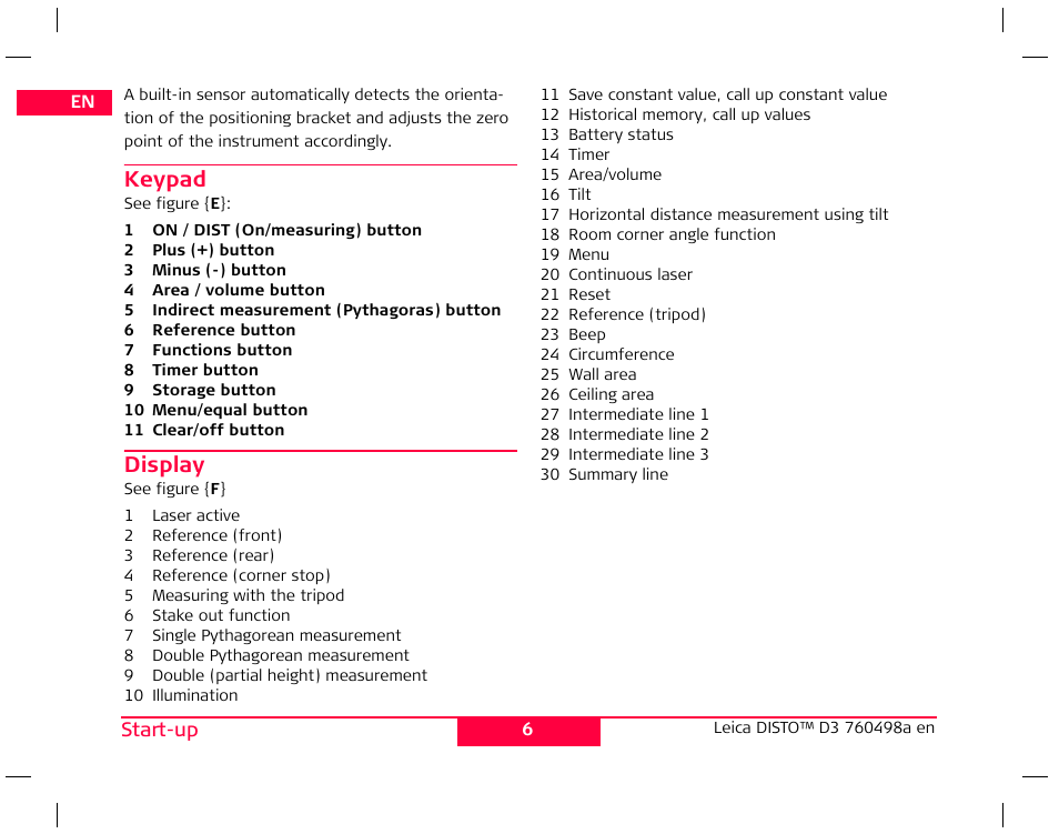 Keypad, Display | Leica Geosystems Leica DISTO D3 User Manual | Page 10 / 26